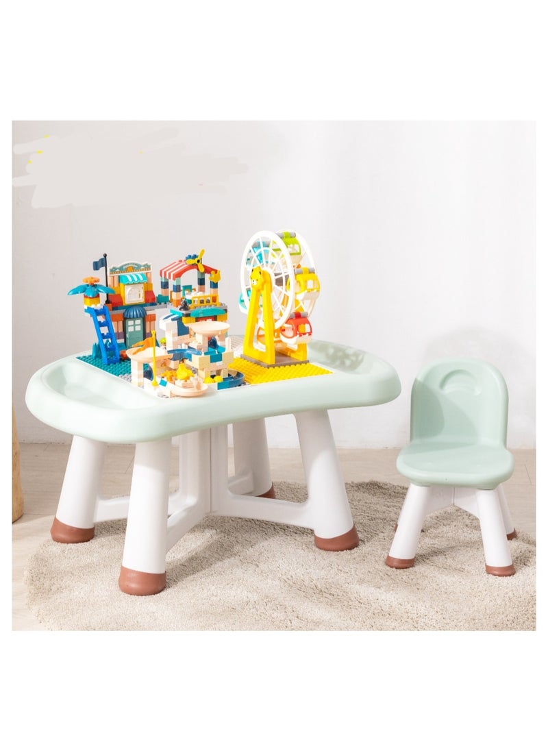 Kids Playing  Mushroom Block Table and Chair with Lego Blocks And Small Toys set Green