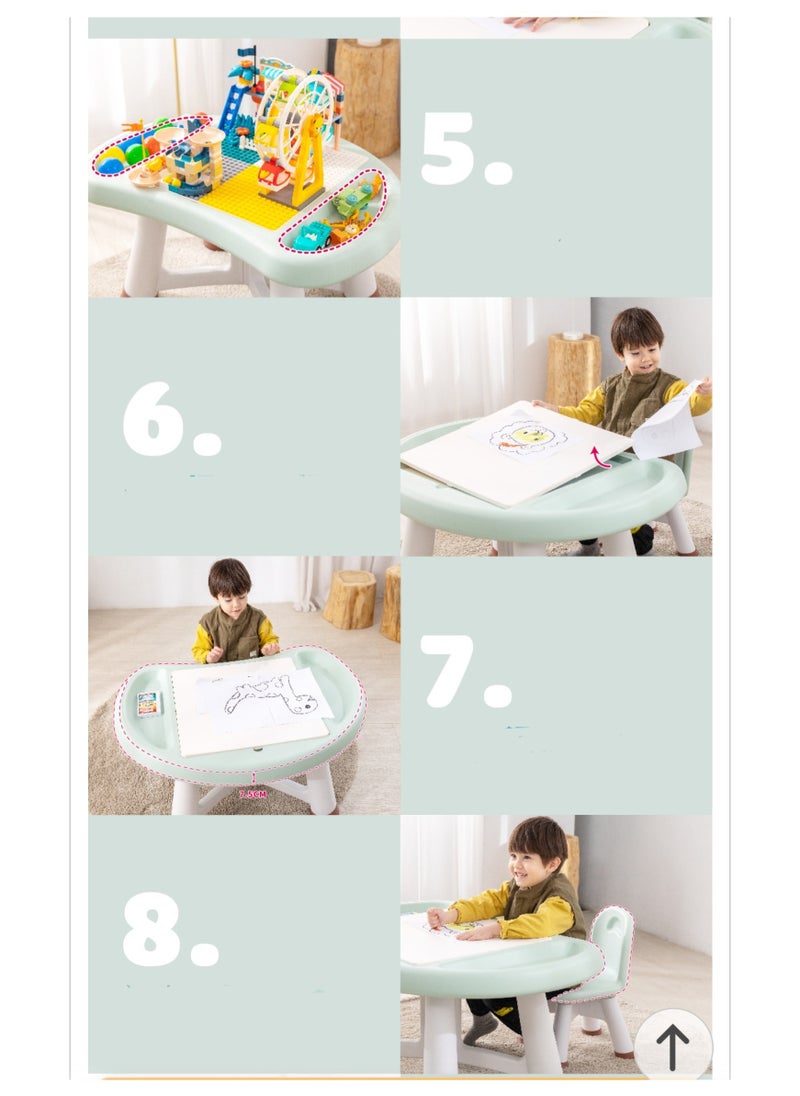 Kids Playing  Mushroom Block Table and Chair with Lego Blocks And Small Toys set Green