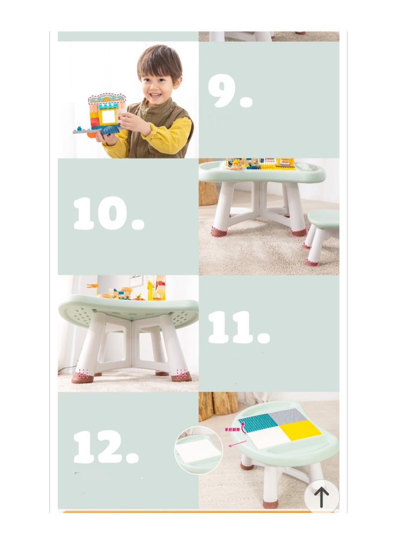 Kids Playing  Mushroom Block Table and Chair with Lego Blocks And Small Toys set Green