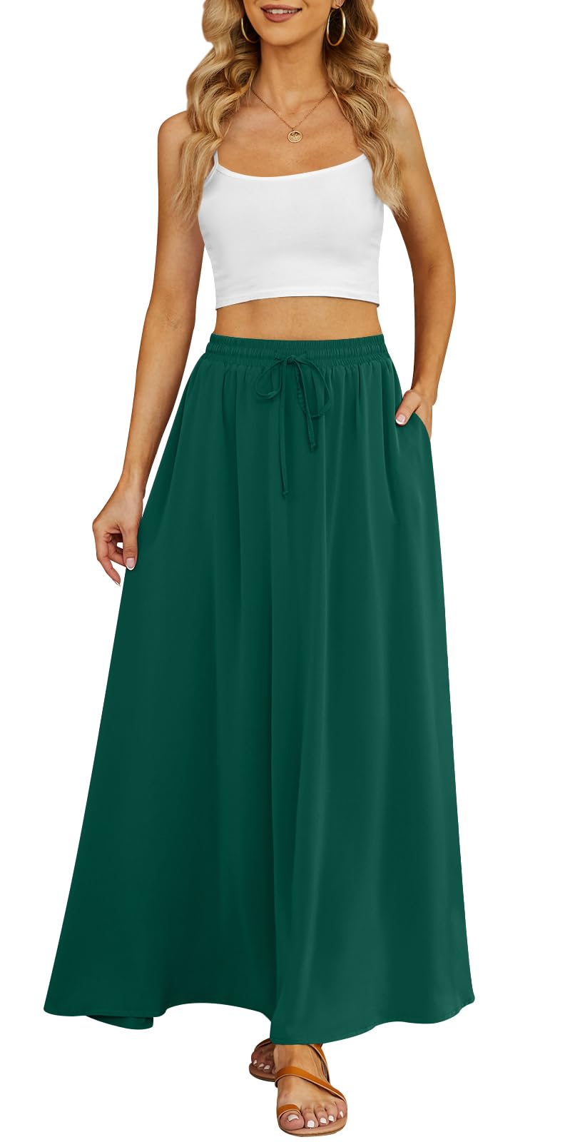 Yincro Women Flowy Maxi Skirt Summer Pleated High Waisted Casual Long Skirts with Pockets (Green, L) - Image 2