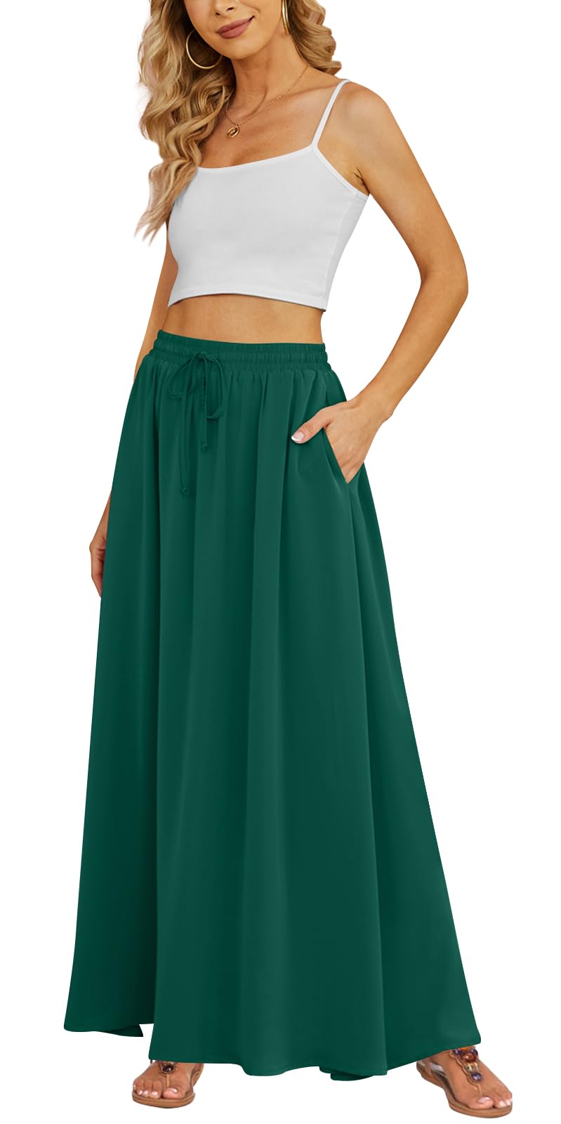 Yincro Women Flowy Maxi Skirt Summer Pleated High Waisted Casual Long Skirts with Pockets (Green, L) - Image 5