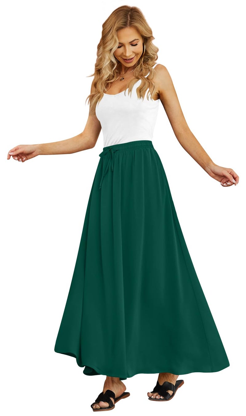 Yincro Women Flowy Maxi Skirt Summer Pleated High Waisted Casual Long Skirts with Pockets (Green, L) - Image 3