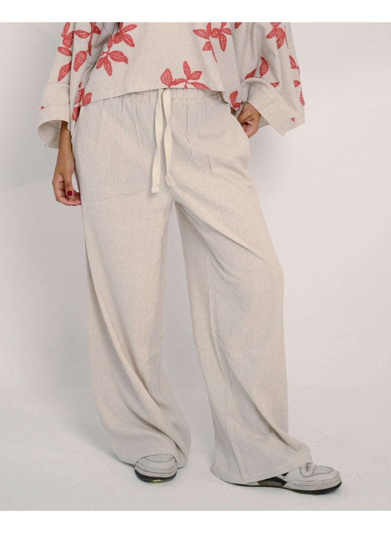 LUKINS Oversized Plain Linen Pants - Beige - Image 1
