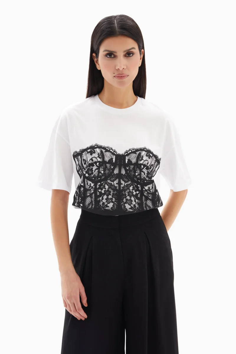 Wecre8 White Corset Print T-shirt By WECRE8