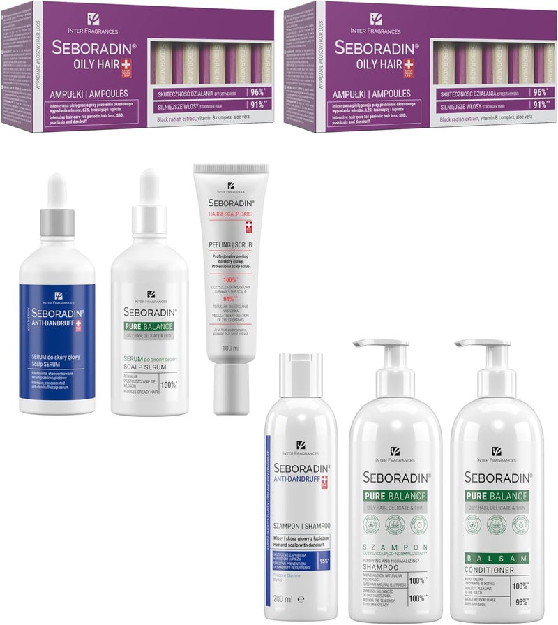 SEBORADIN Maria Set Blue 2x Oily Hair Ampoules AntiDandruff Scalp Serum and Shampoo Pure Balance Conditioner Scalp Serum Shampoo Scalp Peeling