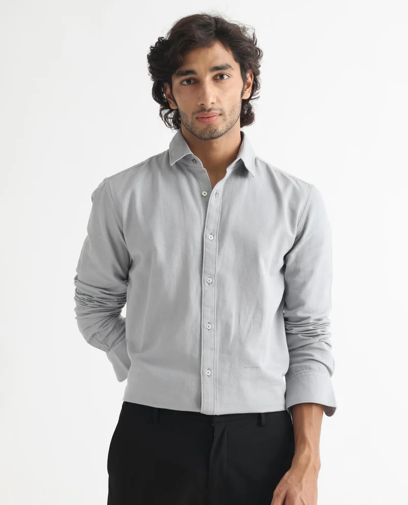 Rare Rabbit Rare Rabbit Mens Otago Grey Cotton Fabric Full Sleeves Regular Fit Solid Twill Shirt