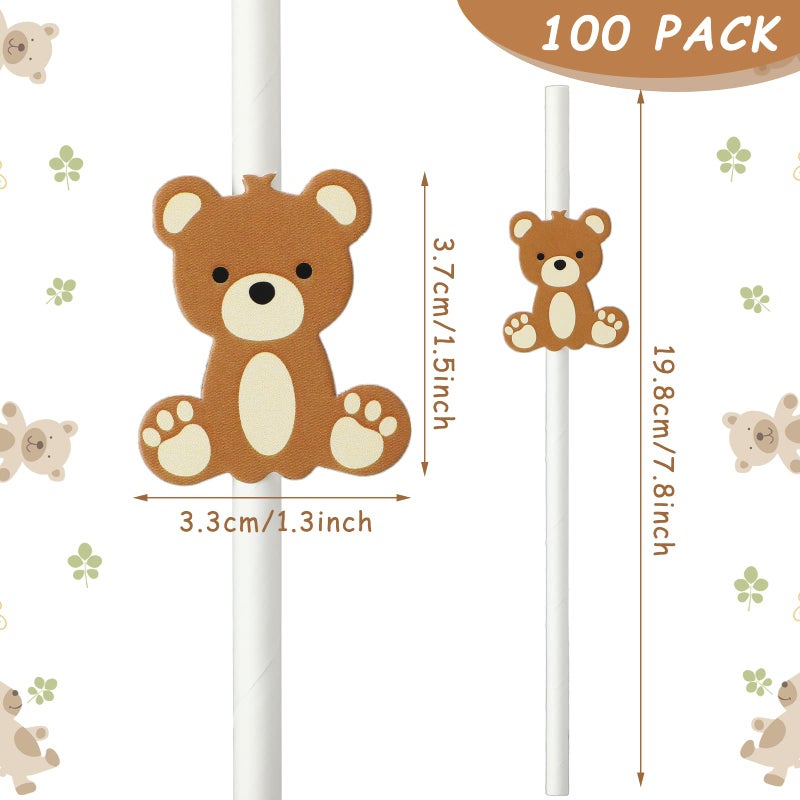 Skyley 100 Pcs Bear Paper Straws Little Cutie Straws Snowflake Disposable Drinking Paper Straws for Little Cutie Baby Shower White Brown - Image 2