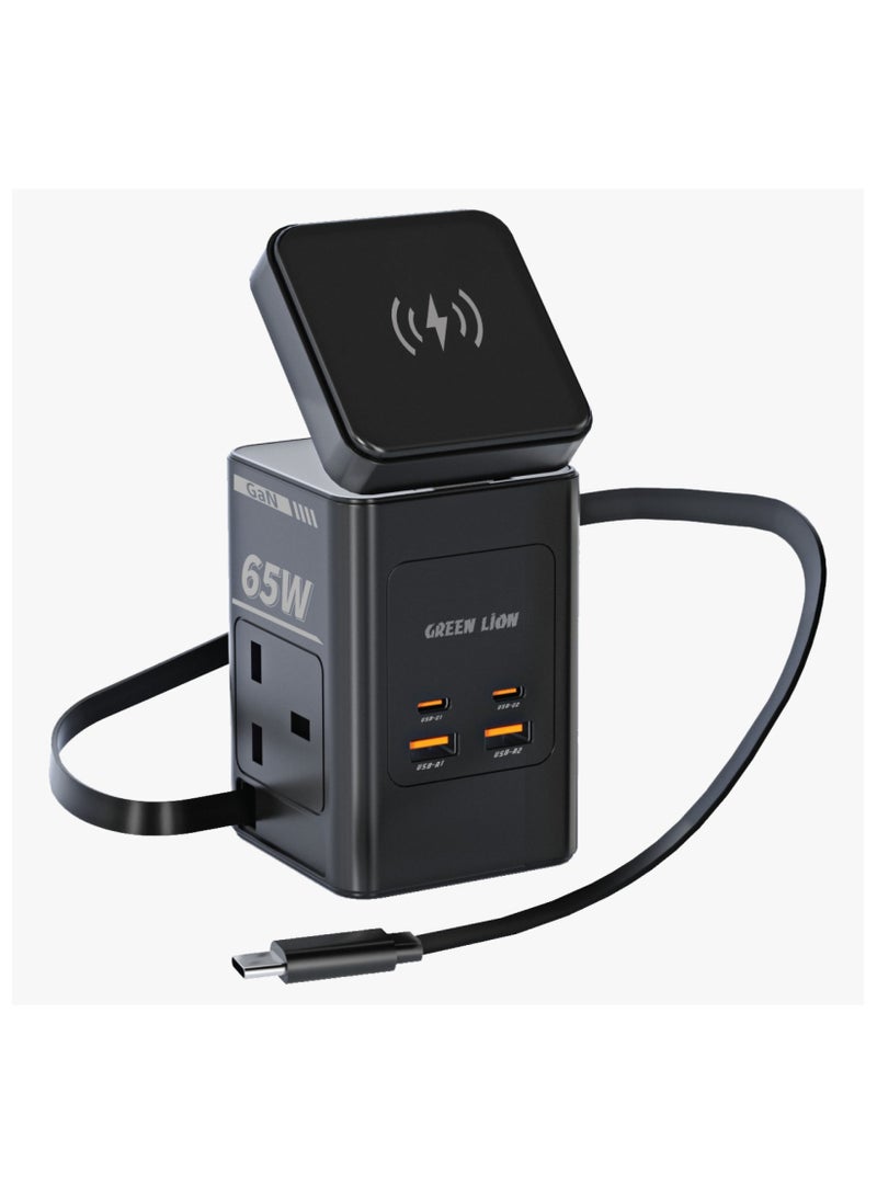 GREEN LION GaN Multi Port Travel Adapter 65W / Portable Adapter / Multi Port Travel Charger / 15W Wireless Charger with MagSafe Compatible / 2x AC Sockets / 2 Type-C Ports / 2 USB-A Ports - Black  - Image 1