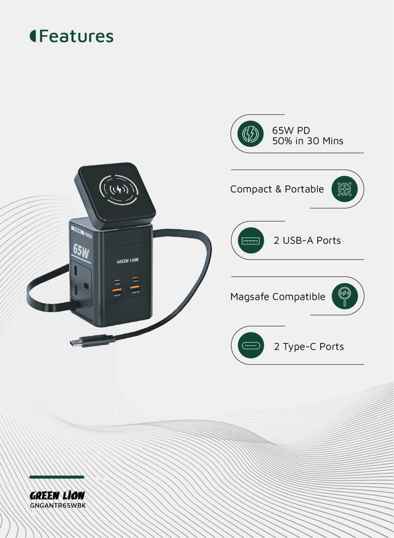 GREEN LION GaN Multi Port Travel Adapter 65W / Portable Adapter / Multi Port Travel Charger / 15W Wireless Charger with MagSafe Compatible / 2x AC Sockets / 2 Type-C Ports / 2 USB-A Ports - Black  - Image 2