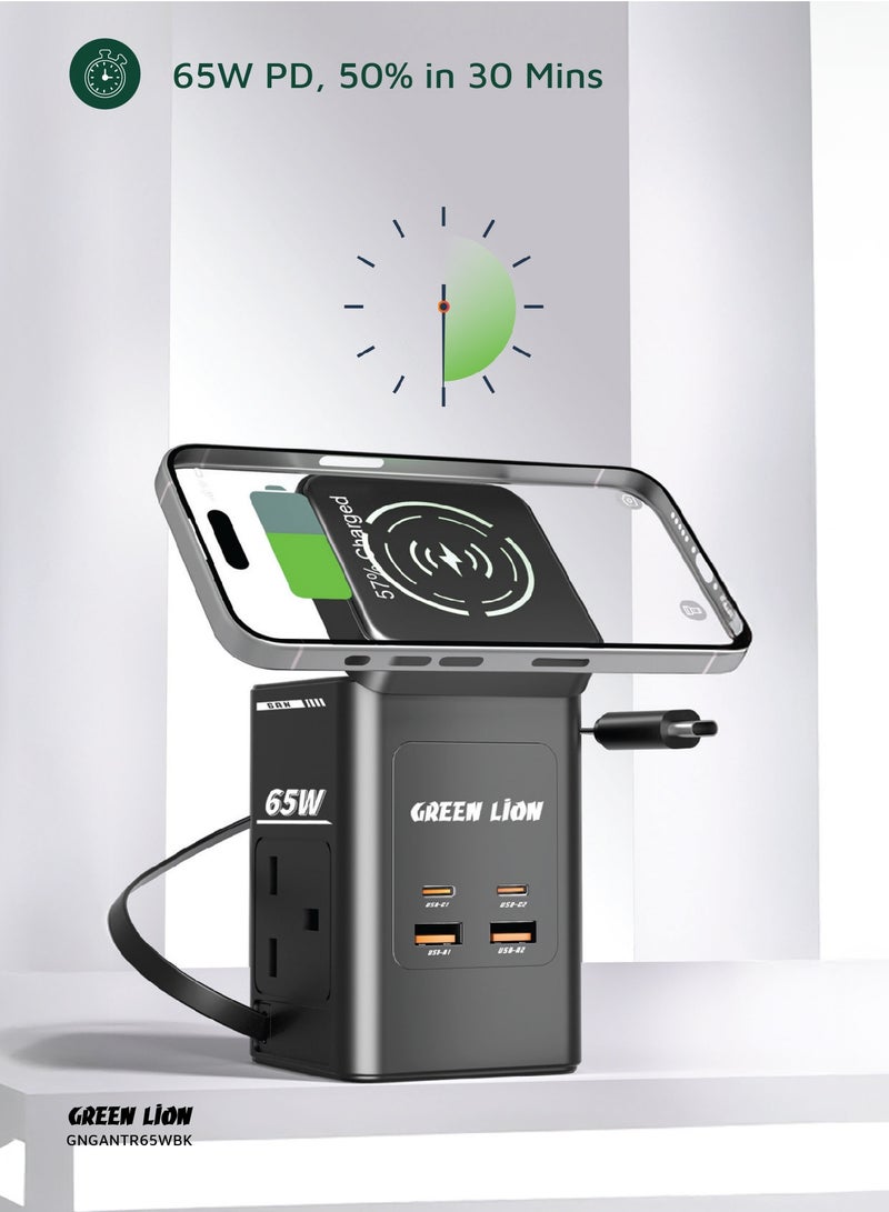 GREEN LION GaN Multi Port Travel Adapter 65W / Portable Adapter / Multi Port Travel Charger / 15W Wireless Charger with MagSafe Compatible / 2x AC Sockets / 2 Type-C Ports / 2 USB-A Ports - Black  - Image 4