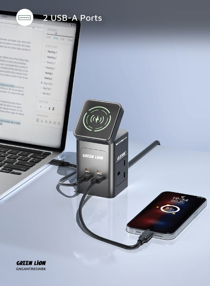 GREEN LION GaN Multi Port Travel Adapter 65W / Portable Adapter / Multi Port Travel Charger / 15W Wireless Charger with MagSafe Compatible / 2x AC Sockets / 2 Type-C Ports / 2 USB-A Ports - Black  - Image 3