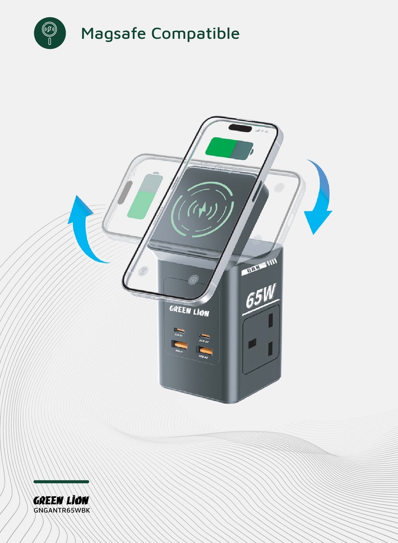 GREEN LION GaN Multi Port Travel Adapter 65W / Portable Adapter / Multi Port Travel Charger / 15W Wireless Charger with MagSafe Compatible / 2x AC Sockets / 2 Type-C Ports / 2 USB-A Ports - Black  - Image 5