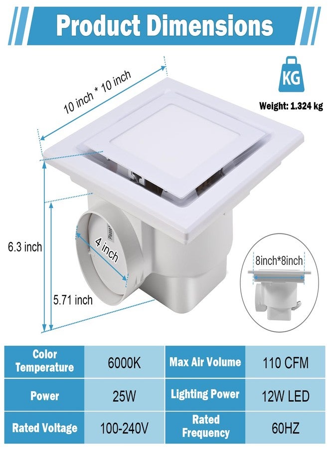 FEITON Bathroom Exhaust Fan with Light, Ceiling Mount, 110 CFM 1.0 Sones 4 Inch Duct, Quiet Square Bath Fan Light Combo, Shower Exhaust Fan with Light - Image 3