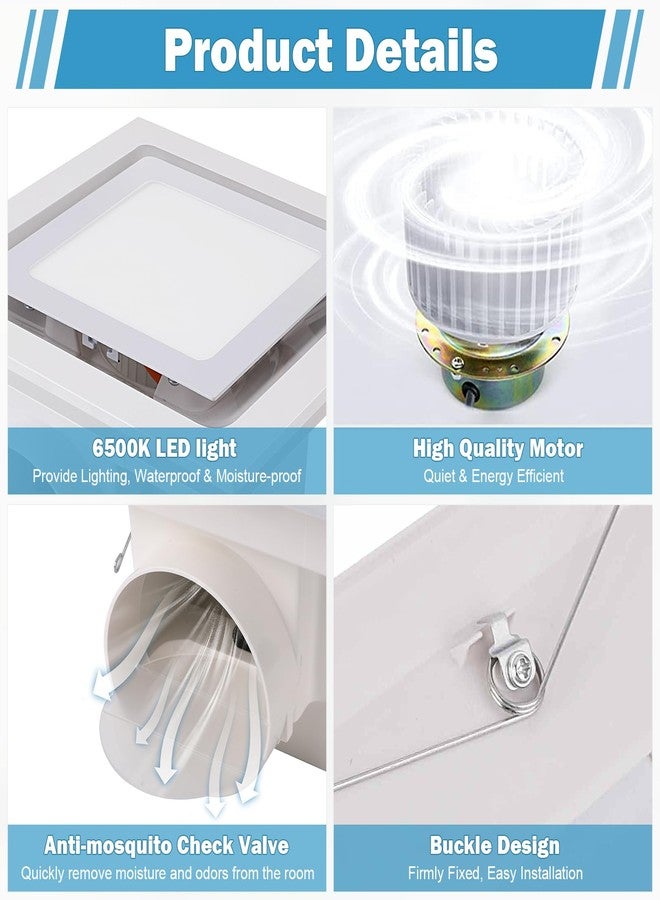 FEITON Bathroom Exhaust Fan with Light, Ceiling Mount, 110 CFM 1.0 Sones 4 Inch Duct, Quiet Square Bath Fan Light Combo, Shower Exhaust Fan with Light - Image 4
