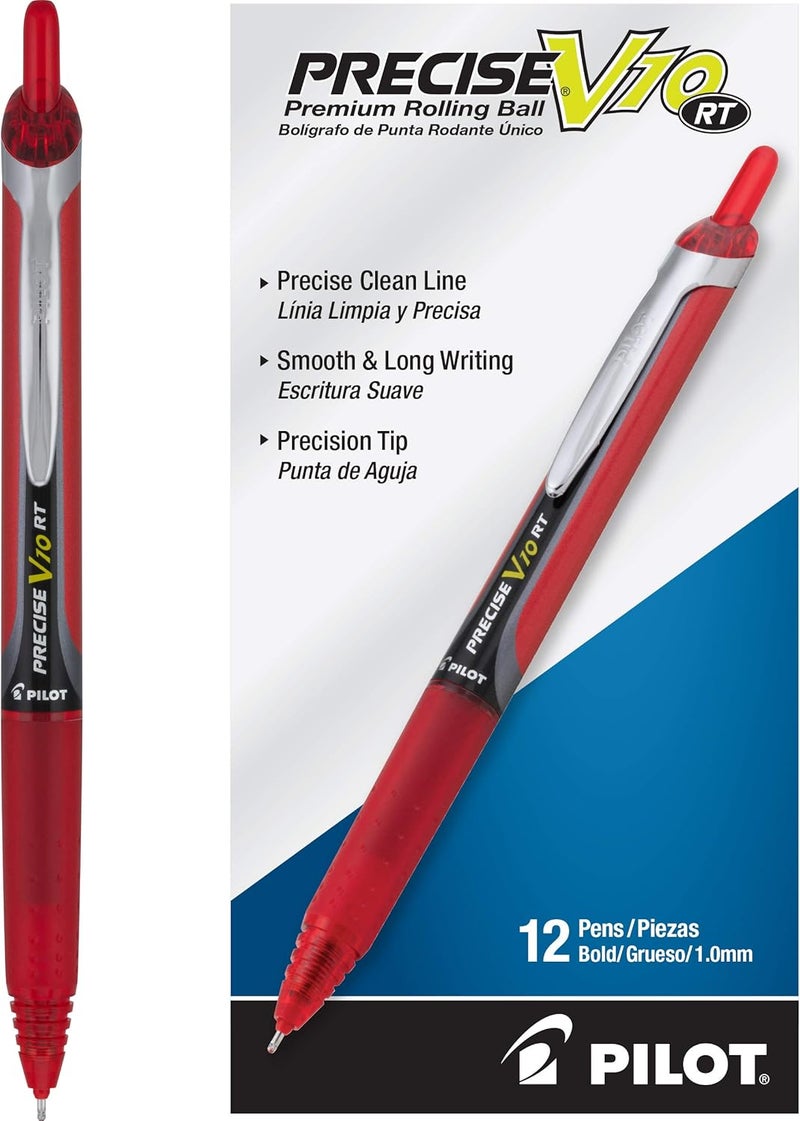 PILOT , Precise V10 RT Refillable & Retractable Rolling Ball Pens, Bold Point 1 mm, Red, Pack of 12 - Image 1