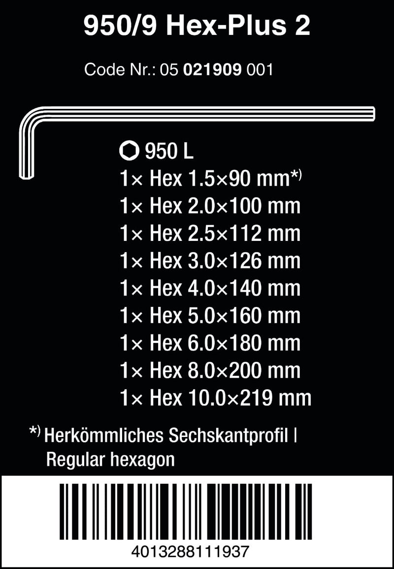 Wera 950 L/9 SM N Long ARM HEX Key Set - Image 2