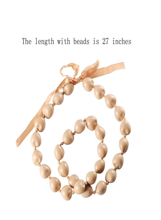 BNQL Chunky Hawaiian Kukui Nut Lei Necklace with Ribbon Bow Closure Graduation Gift (beige) - Image 2