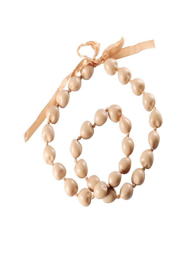 BNQL Chunky Hawaiian Kukui Nut Lei Necklace with Ribbon Bow Closure Graduation Gift (beige) - Image 1
