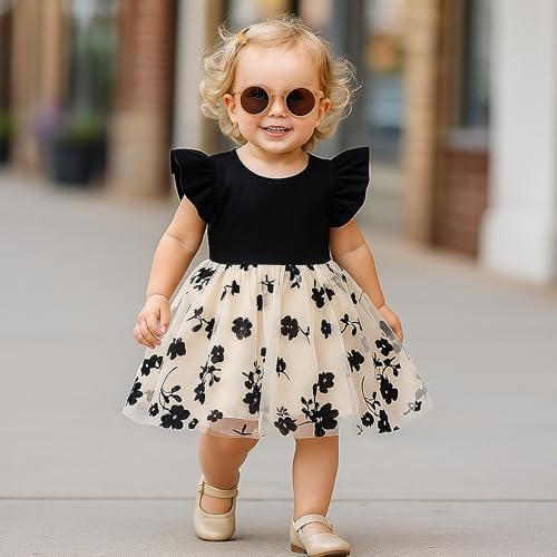TENTIDE Baby Girl Butterfly Dress Tutu Ruffle Sleeveless Dresses Photograph Party Outfits Birthday Gift(0-3 Months,Black Flower) - Image 2