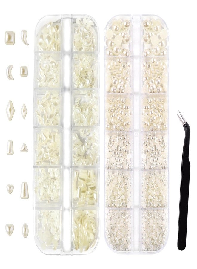 Snmzlc 2 Boxes Pearl Nail Charms 3D Multi-Shaped Nail Art Charm Flatback Half Round Pearls Star Heart Moon Beige Pearls for Crafting Nail Art DIY Design Decoration US284 (Beige Multi-Shaped) - Image 1