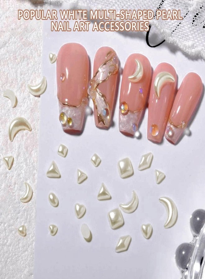 Snmzlc 2 Boxes Pearl Nail Charms 3D Multi-Shaped Nail Art Charm Flatback Half Round Pearls Star Heart Moon Beige Pearls for Crafting Nail Art DIY Design Decoration US284 (Beige Multi-Shaped) - Image 4