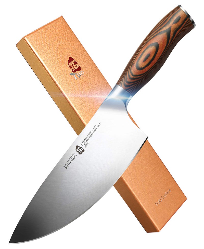 TUO Herb RockingSalad Knife Vegetable Cleaver  High Carbon German Stainless Steel Kitchen Knife  Pakkawood Handle Veggie Chopper  Luxurious Gift Box Included  7 inch  Fiery Phoenix Series