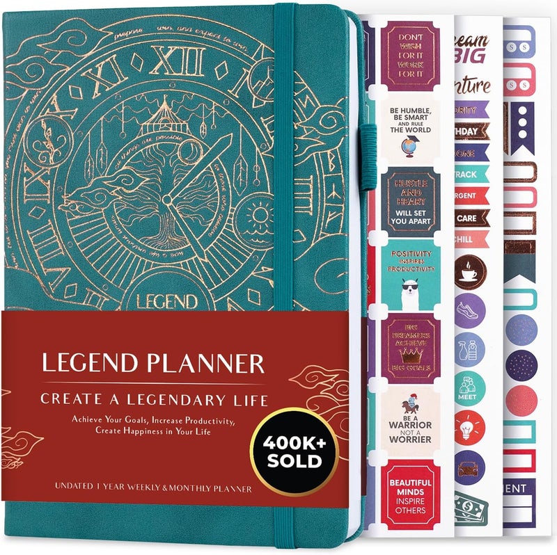 Legend Planner – مخطط أسبوعي وشهري فاخر لتحقيق أهدافك والعيش بسعادة أكبر. دفتر تنظيم ومفكرة إنتاجية. غلاف مقوى A5، غير مؤرخ – ابدأ في أي وقت + ملصقات – ذهبي نيلي داكن - Image 1