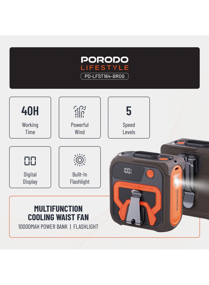 porodo Lifestyle Multifunction Cooling Waist Fan with 10000 mAh Power Bank and Flashlight / 10000mAh Powerbank / Portable Fan / Fan for Exercise / Powerful Wind / 5 Speed Level - Brown Orange - Image 2