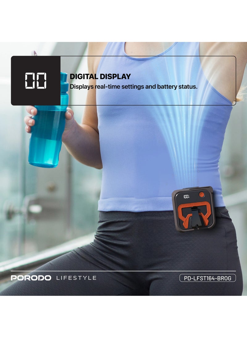 porodo Lifestyle Multifunction Cooling Waist Fan with 10000 mAh Power Bank and Flashlight / 10000mAh Powerbank / Portable Fan / Fan for Exercise / Powerful Wind / 5 Speed Level - Brown Orange - Image 4
