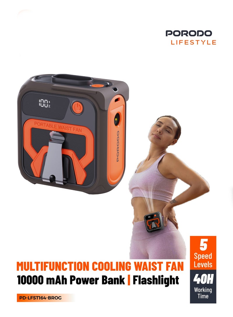 porodo Lifestyle Multifunction Cooling Waist Fan with 10000 mAh Power Bank and Flashlight / 10000mAh Powerbank / Portable Fan / Fan for Exercise / Powerful Wind / 5 Speed Level - Brown Orange - Image 1