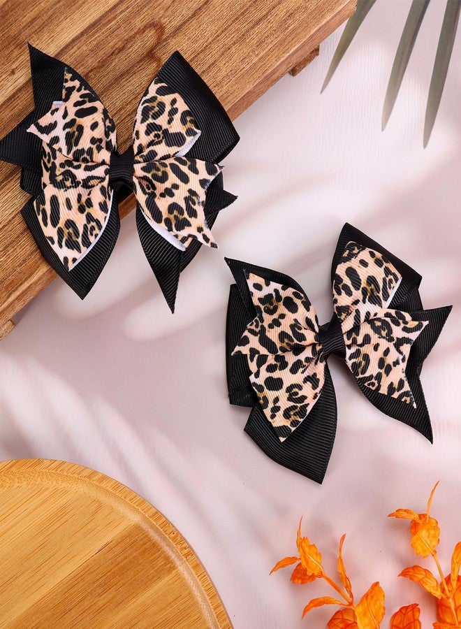 Whaline 2Pcs Leopard Hair Bow Clips Grosgrain Ribbon Alligator Clips Brown Safari Jungle Cheetah Hair Barrettes for Birthday Baby Shower Women Hairstyle Accessories - Image 4
