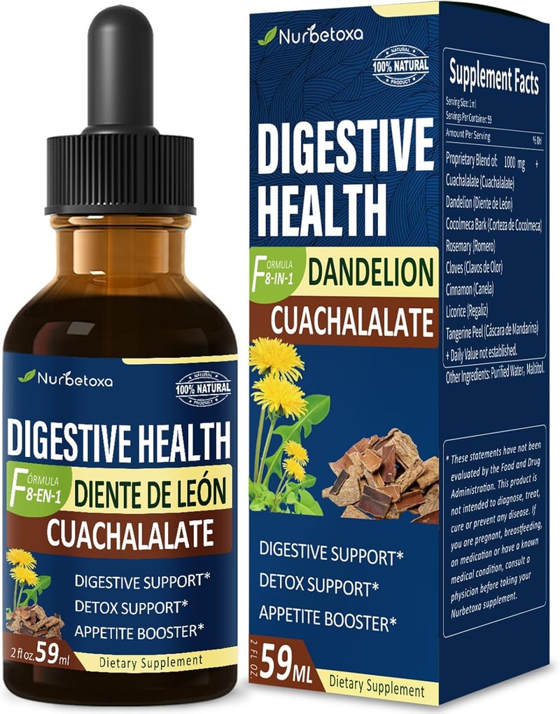 Nurbetoxa قطرات صحة الجهاز الهضمي كواتشالايت مكمل الهضم لدعم تطهير الأمعاء وقرحة المعدة قشرة كوكولميكا لإيقاظ الهضم وتنظيف المعدة 2 أونصة - Image 1