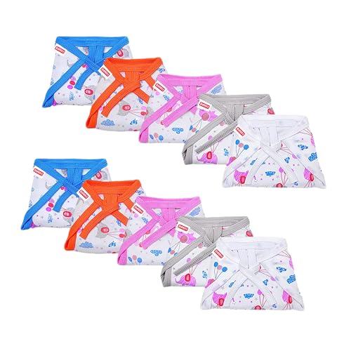 BUMSIES Washable Reusable Cotton Hosiery U-Shape Tie up Nappies/Langot for New Born Baby | Soft, Skin-Friendly & Eco-Friendly | 0-3 Months – Pack of 10, White Printed - Image 1