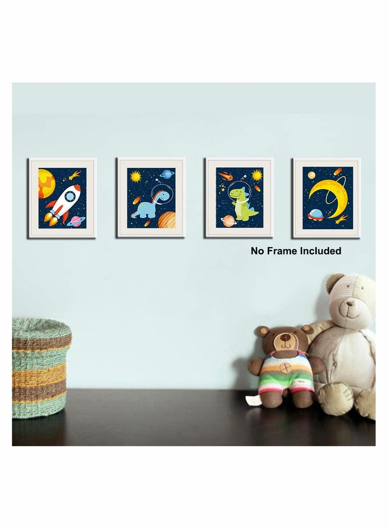 SOLARAE ملصق طباعة فنية ديناصور في الفضاء الخارجي، ملصق كوكب النظام الشمسي على قماش، فن حائط رائد فضاء حيواني لتزيين غرفة الأطفال مجموعة من 4 (8x10 بوصة، بدون إطار) - Image 2