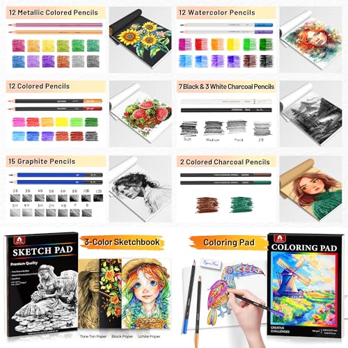 Vigorfun 106 PCS Art Supplies Sketching Kit, Pro Drawing Pencils with 3-Color Sketchbook, Coloring Book, Colored Graphite Charcoal Watercolor & Metallic Pencils, Drawing Supplies Gifts for Artists Adults Kids - Image 4