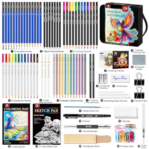 Vigorfun 106 PCS Art Supplies Sketching Kit, Pro Drawing Pencils with 3-Color Sketchbook, Coloring Book, Colored Graphite Charcoal Watercolor & Metallic Pencils, Drawing Supplies Gifts for Artists Adults Kids - Image 2