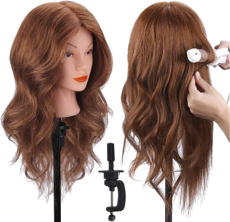 Mannequin Head with 100% Human Hair, TopDirect Real Hair Cosmetology Mannequin Head Hair Styling Hairdressing Practice Training Doll Head with Clamp Holder and Tools (Dark Brown)