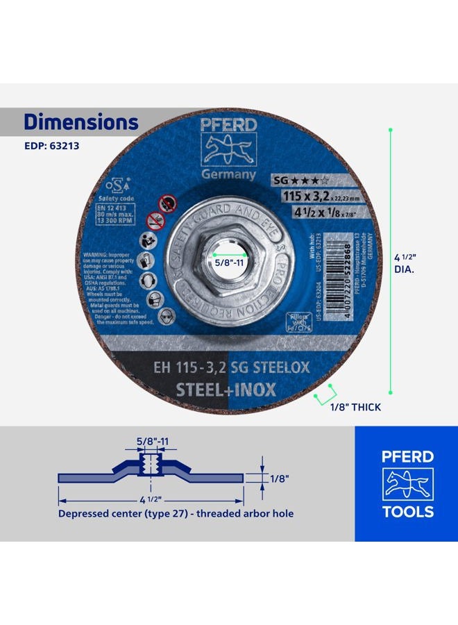 PFERD 63213 Depressed Centre Cut-Off Wheel, Type 27, Aluminum Oxide A, 4-1/2" Diameter x 1/8" Thickness, 5/8-11 Thread, 13300 Max RPM (Pack of 10) - Image 4