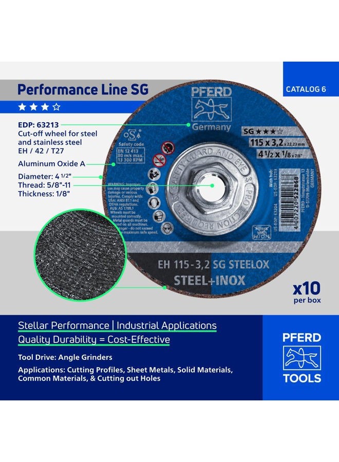 PFERD 63213 Depressed Centre Cut-Off Wheel, Type 27, Aluminum Oxide A, 4-1/2" Diameter x 1/8" Thickness, 5/8-11 Thread, 13300 Max RPM (Pack of 10) - Image 3