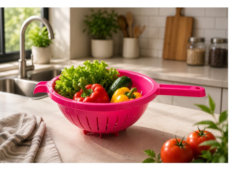 بلاستيك فورت مصفاة مطبخ بلاستيكية بمقبض من PlasticForte، مصفاة متعددة الأغراض لغسل الخضروات والفواكه والمعكرونة، سلة تصفية متينة - لون وردي - Image 2