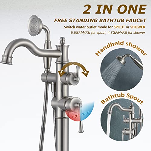 WINKEAR Freestanding Floor Mount Tub Filler with Handheld Shower Roman Bathtub Faucet by Brushed Nickel Finish, Swivel Spout with Brass Rough-in and Water Hose - Image 2