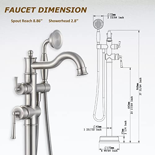 WINKEAR Freestanding Floor Mount Tub Filler with Handheld Shower Roman Bathtub Faucet by Brushed Nickel Finish, Swivel Spout with Brass Rough-in and Water Hose - Image 4