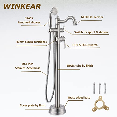 WINKEAR Freestanding Floor Mount Tub Filler with Handheld Shower Roman Bathtub Faucet by Brushed Nickel Finish, Swivel Spout with Brass Rough-in and Water Hose - Image 5