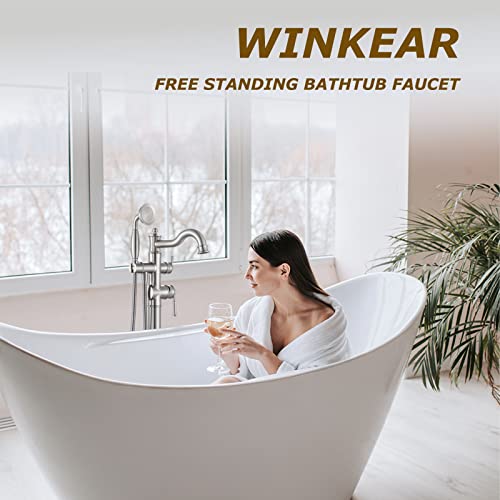 WINKEAR Freestanding Floor Mount Tub Filler with Handheld Shower Roman Bathtub Faucet by Brushed Nickel Finish, Swivel Spout with Brass Rough-in and Water Hose - Image 3