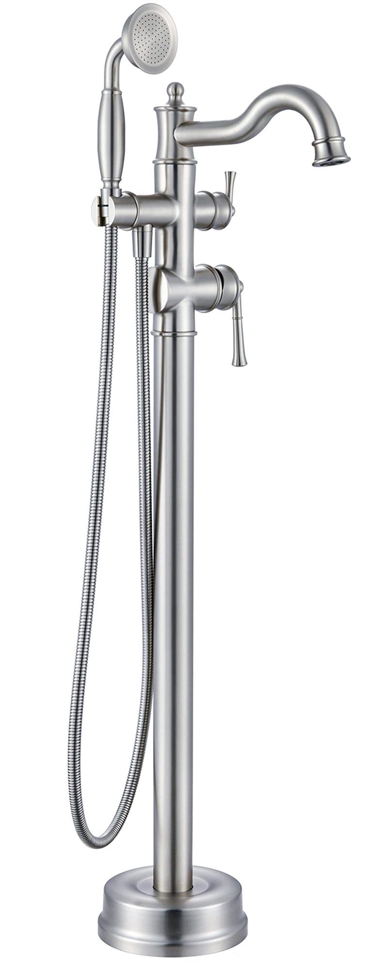 WINKEAR Freestanding Floor Mount Tub Filler with Handheld Shower Roman Bathtub Faucet by Brushed Nickel Finish, Swivel Spout with Brass Rough-in and Water Hose - Image 1