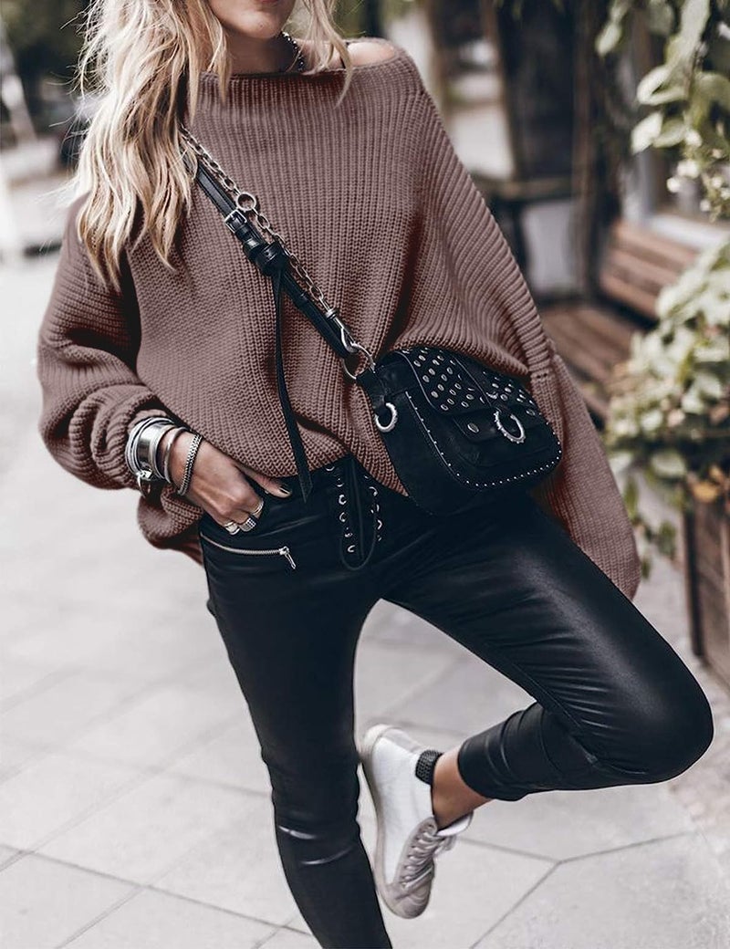 SAUKOLE Womens Oversized Sweaters Loose Solid Casual Long Sleeve Mock Neck Knitted Jumper Tops - Image 4