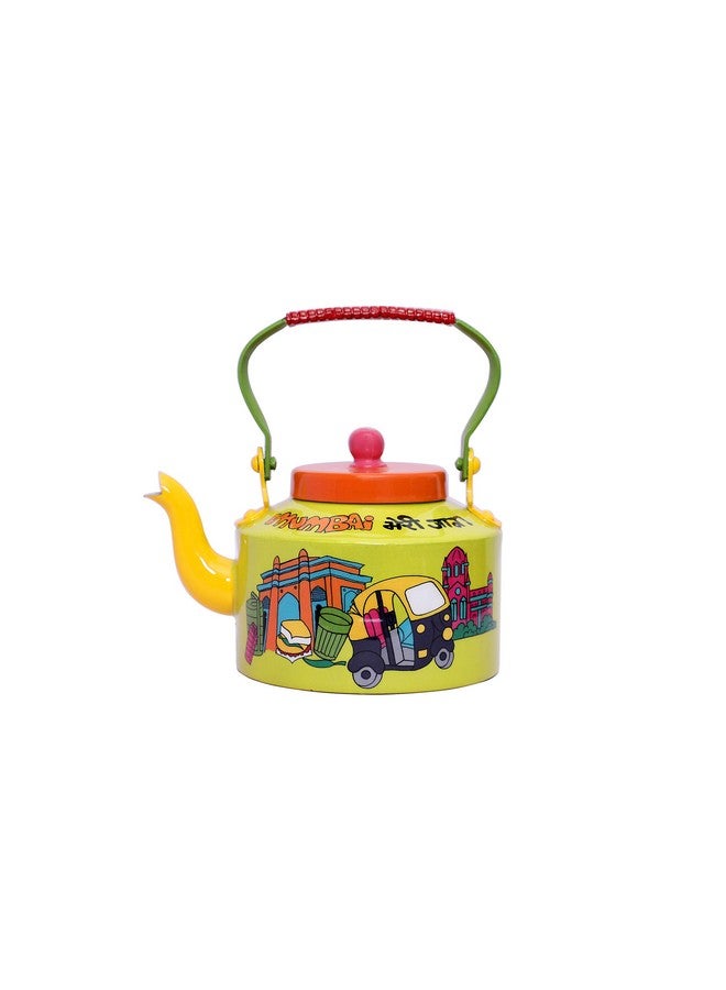 A Krazy Mug A Krazy Mug Hand Painted Colourful Decorative Traditional Mumbai Meri Jaan Theme Design Desi Tea Chai Aluminium Kettle (1.25 L, Yellow) - Image 1