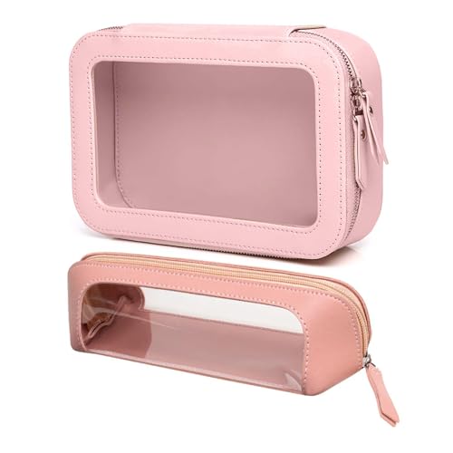 WMM 2 Pack Clear and Waterproof Makeup Bag Portable Travel Cosmetic Case Organizer for Women Toiletry Pouch with Transparent Vinyl Windows & Zippers (Pink) - Image 1