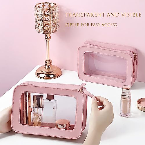 WMM 2 Pack Clear and Waterproof Makeup Bag Portable Travel Cosmetic Case Organizer for Women Toiletry Pouch with Transparent Vinyl Windows & Zippers (Pink) - Image 3
