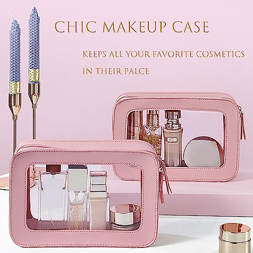 WMM 2 Pack Clear and Waterproof Makeup Bag Portable Travel Cosmetic Case Organizer for Women Toiletry Pouch with Transparent Vinyl Windows & Zippers (Pink) - Image 2